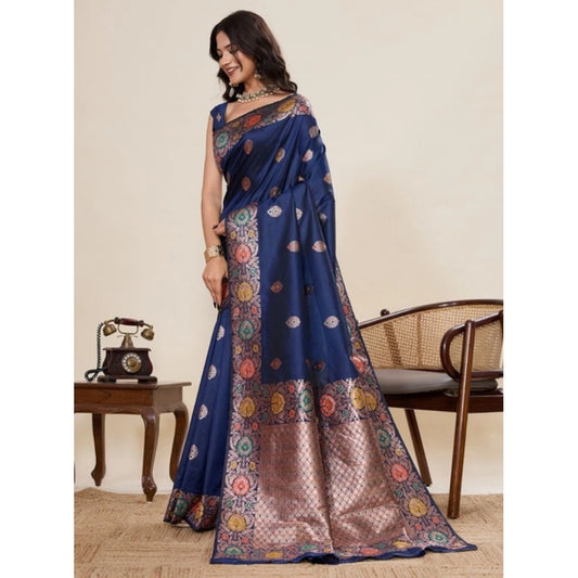 Women's Faux_Banarasi_Silk Woven Saree With Unstitched Blouse 5.5Mtr (Navy_Blue) - VANSHELLE