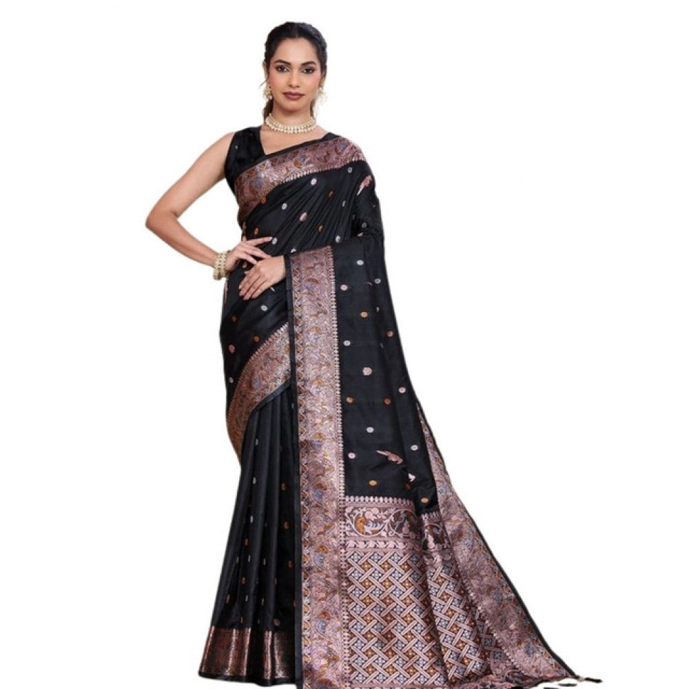 Women's Jacquard Woven Saree With Unstitched Blouse 5.5Mtr (Black) - VANSHELLE
