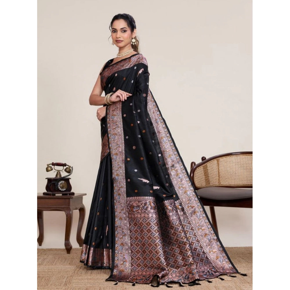 Women's Jacquard Woven Saree With Unstitched Blouse 5.5Mtr (Black) - VANSHELLE