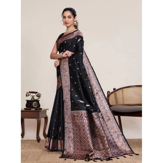 Women's Jacquard Woven Saree With Unstitched Blouse 5.5Mtr (Black) - VANSHELLE
