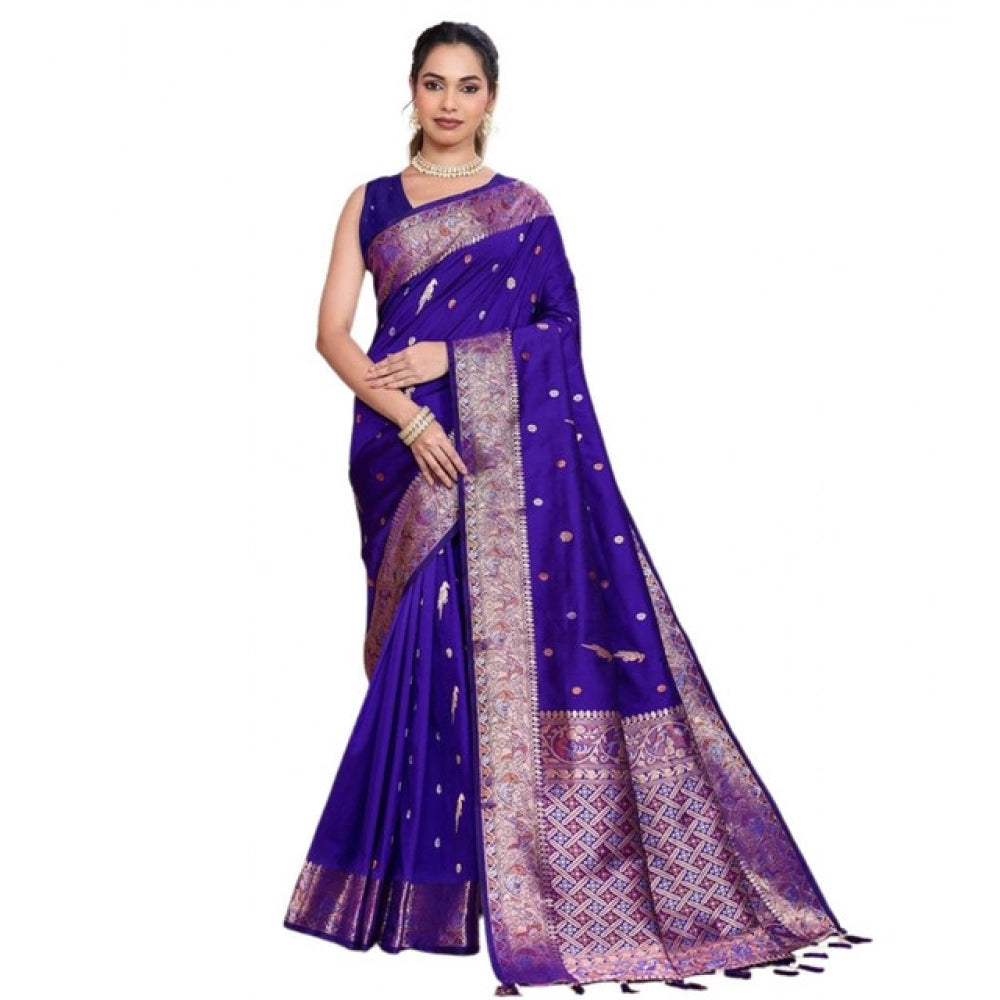 Women's Jacquard Woven Saree With Unstitched Blouse 5.5Mtr (Blue) - VANSHELLE