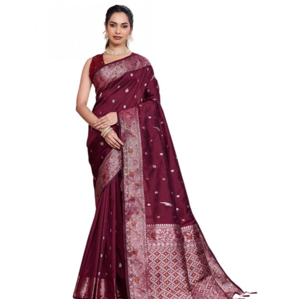 Women's Jacquard Woven Saree With Unstitched Blouse 5.5Mtr (Maroon) - VANSHELLE