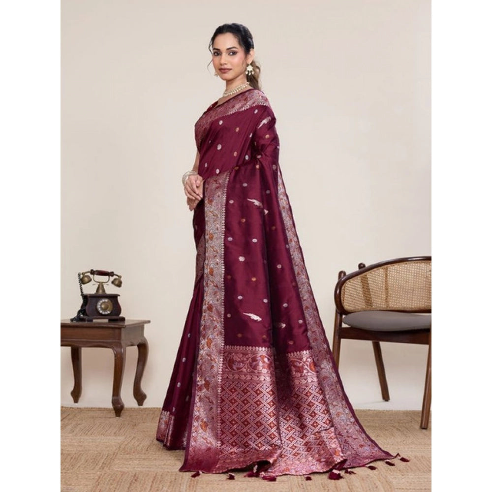 Women's Jacquard Woven Saree With Unstitched Blouse 5.5Mtr (Maroon) - VANSHELLE