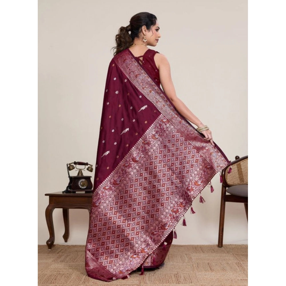 Women's Jacquard Woven Saree With Unstitched Blouse 5.5Mtr (Maroon) - VANSHELLE