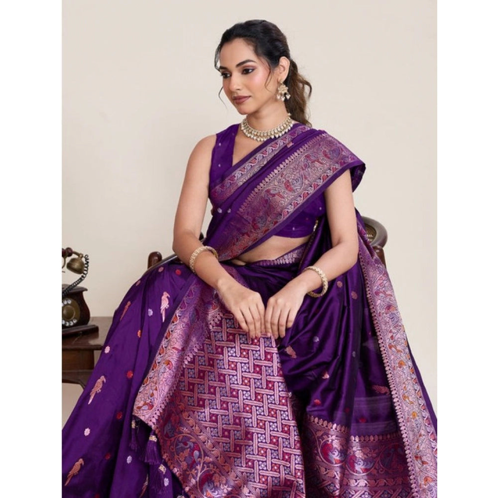 Women's Jacquard Woven Saree With Unstitched Blouse 5.5Mtr (Purple) - VANSHELLE