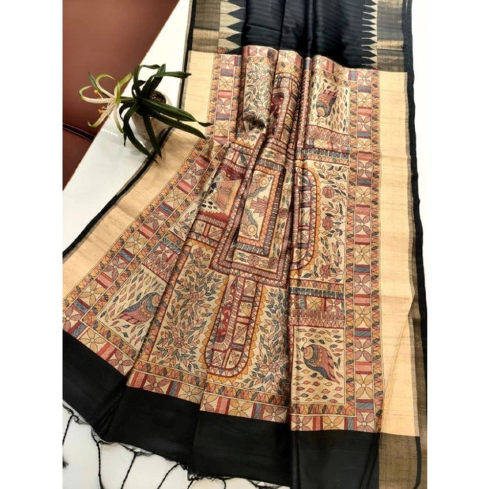 Women's Tussar Silk Madhubani Saree With Unstitched Blouse 5.5Mtr (Black) - VANSHELLE