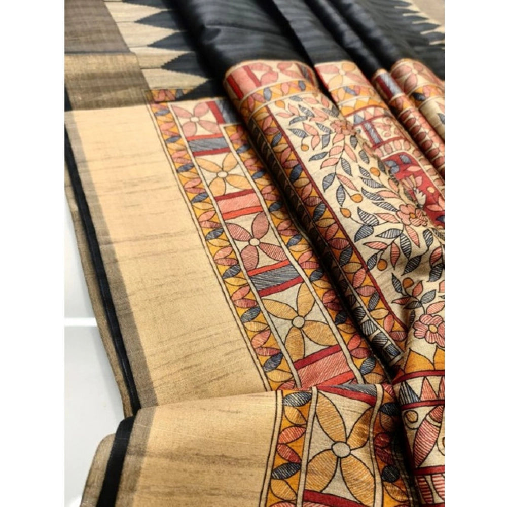 Women's Tussar Silk Madhubani Saree With Unstitched Blouse 5.5Mtr (Black) - VANSHELLE