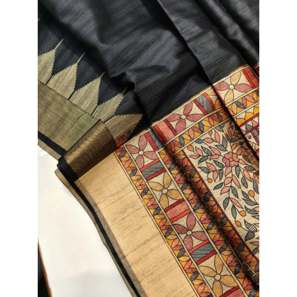 Women's Tussar Silk Madhubani Saree With Unstitched Blouse 5.5Mtr (Black) - VANSHELLE