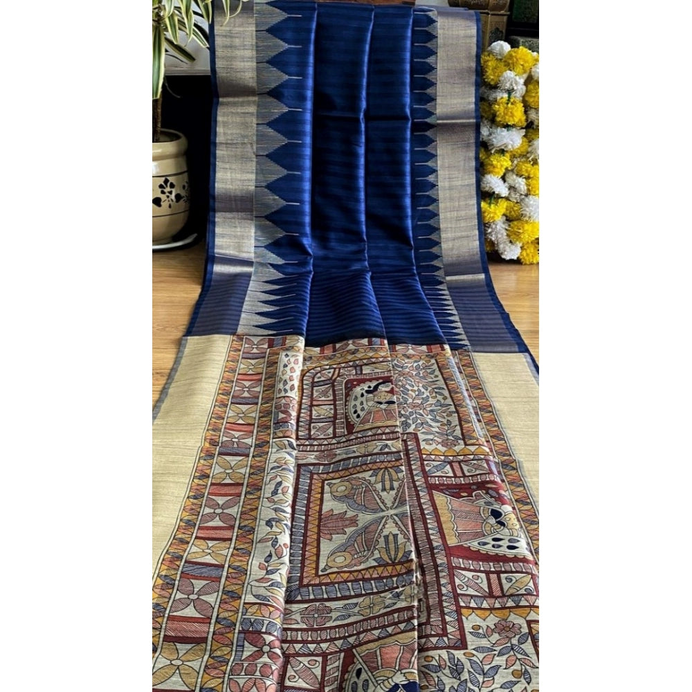 Women's Tussar Silk Madhubani Saree With Unstitched Blouse 5.5Mtr (Blue) - VANSHELLE