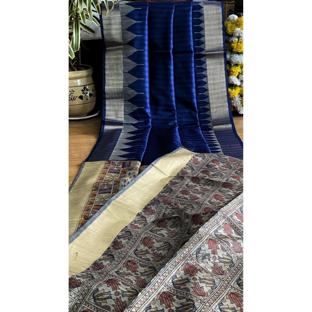 Women's Tussar Silk Madhubani Saree With Unstitched Blouse 5.5Mtr (Blue) - VANSHELLE
