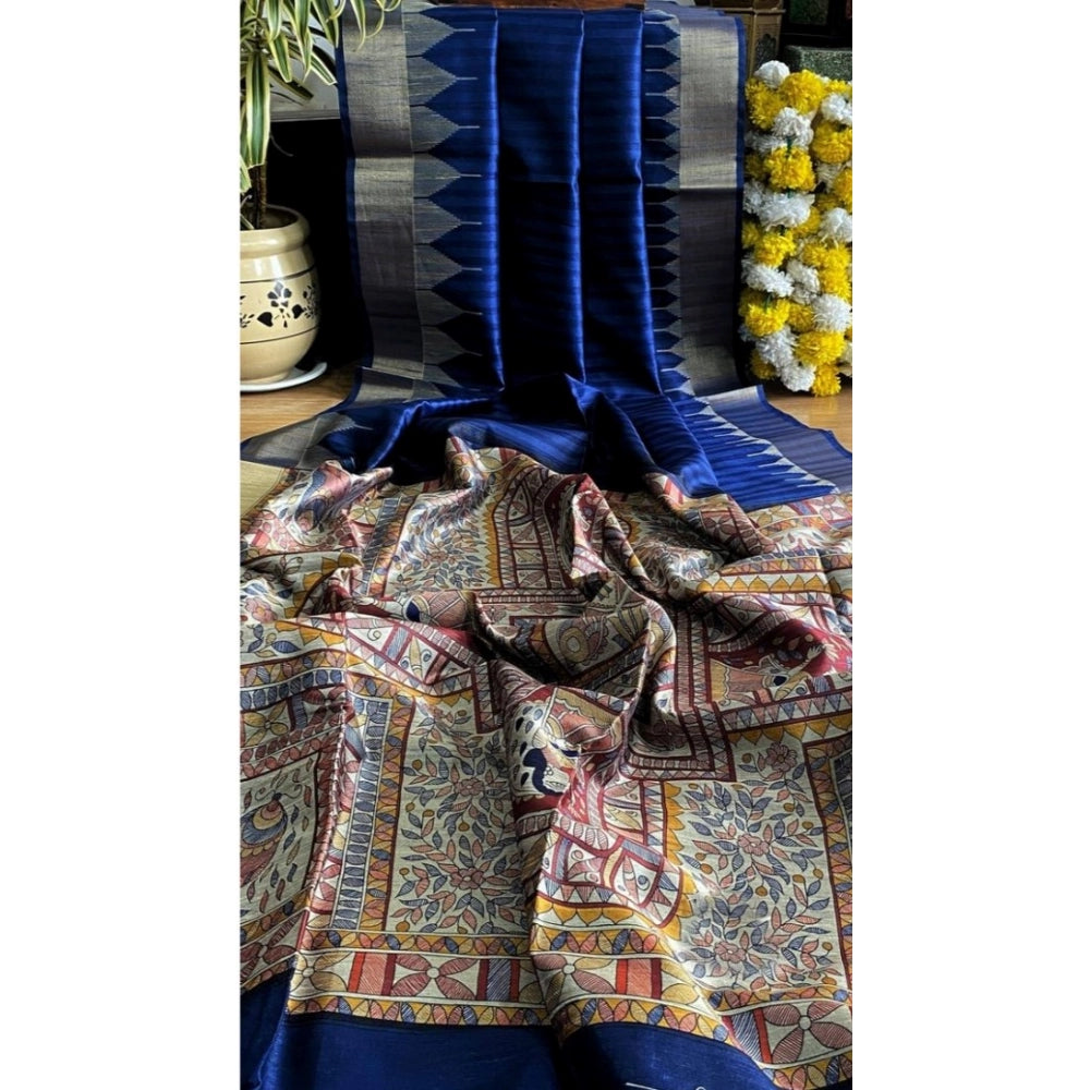 Women's Tussar Silk Madhubani Saree With Unstitched Blouse 5.5Mtr (Blue) - VANSHELLE