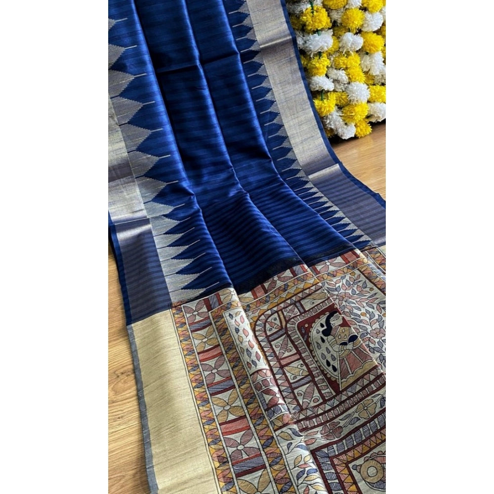 Women's Tussar Silk Madhubani Saree With Unstitched Blouse 5.5Mtr (Blue) - VANSHELLE