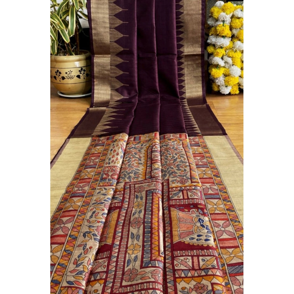 Women's Tussar Silk Madhubani Saree With Unstitched Blouse 5.5Mtr (Coffee) - VANSHELLE