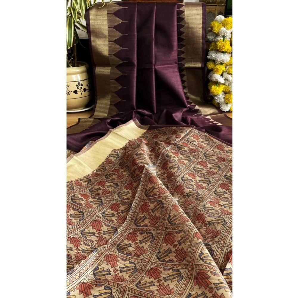 Women's Tussar Silk Madhubani Saree With Unstitched Blouse 5.5Mtr (Coffee) - VANSHELLE