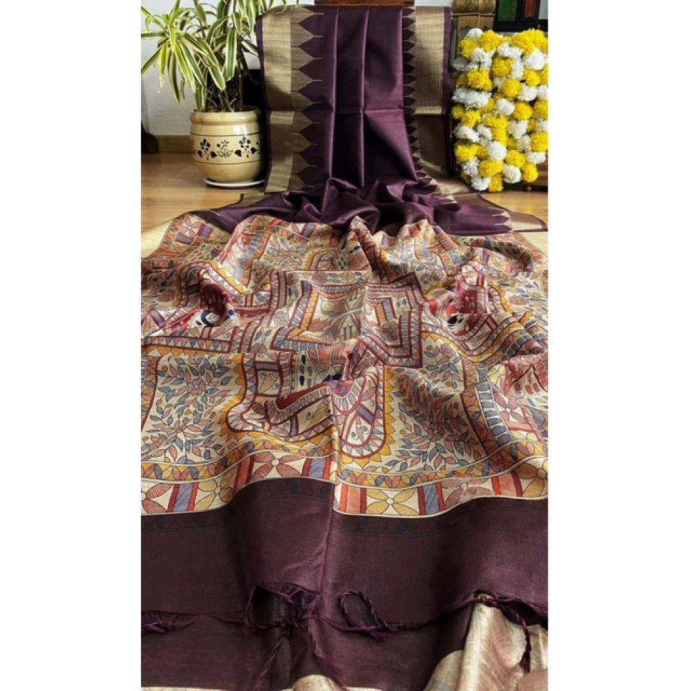 Women's Tussar Silk Madhubani Saree With Unstitched Blouse 5.5Mtr (Coffee) - VANSHELLE