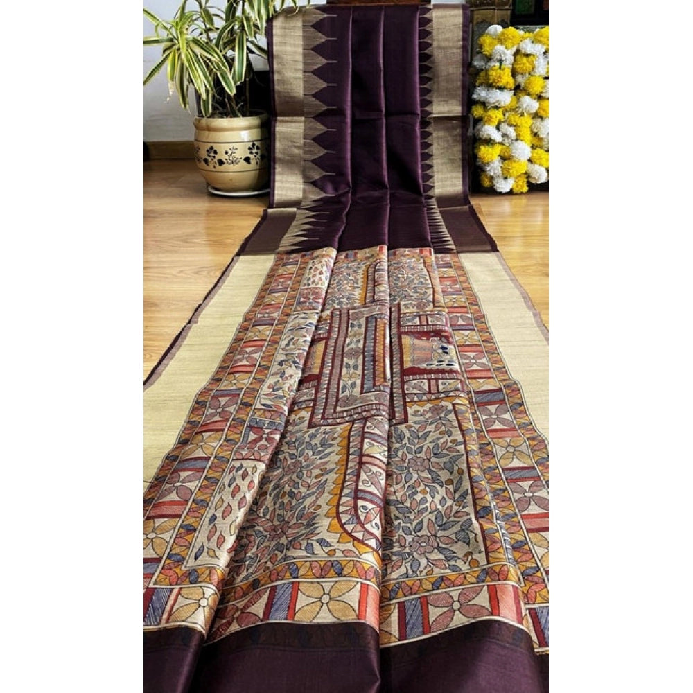 Women's Tussar Silk Madhubani Saree With Unstitched Blouse 5.5Mtr (Coffee) - VANSHELLE