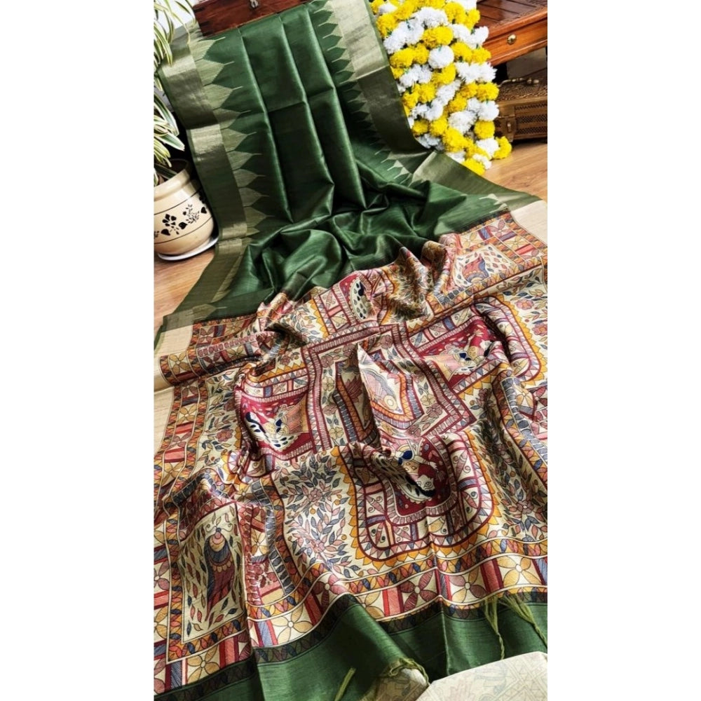 Women's Tussar Silk Madhubani Saree With Unstitched Blouse 5.5Mtr (Green) - VANSHELLE