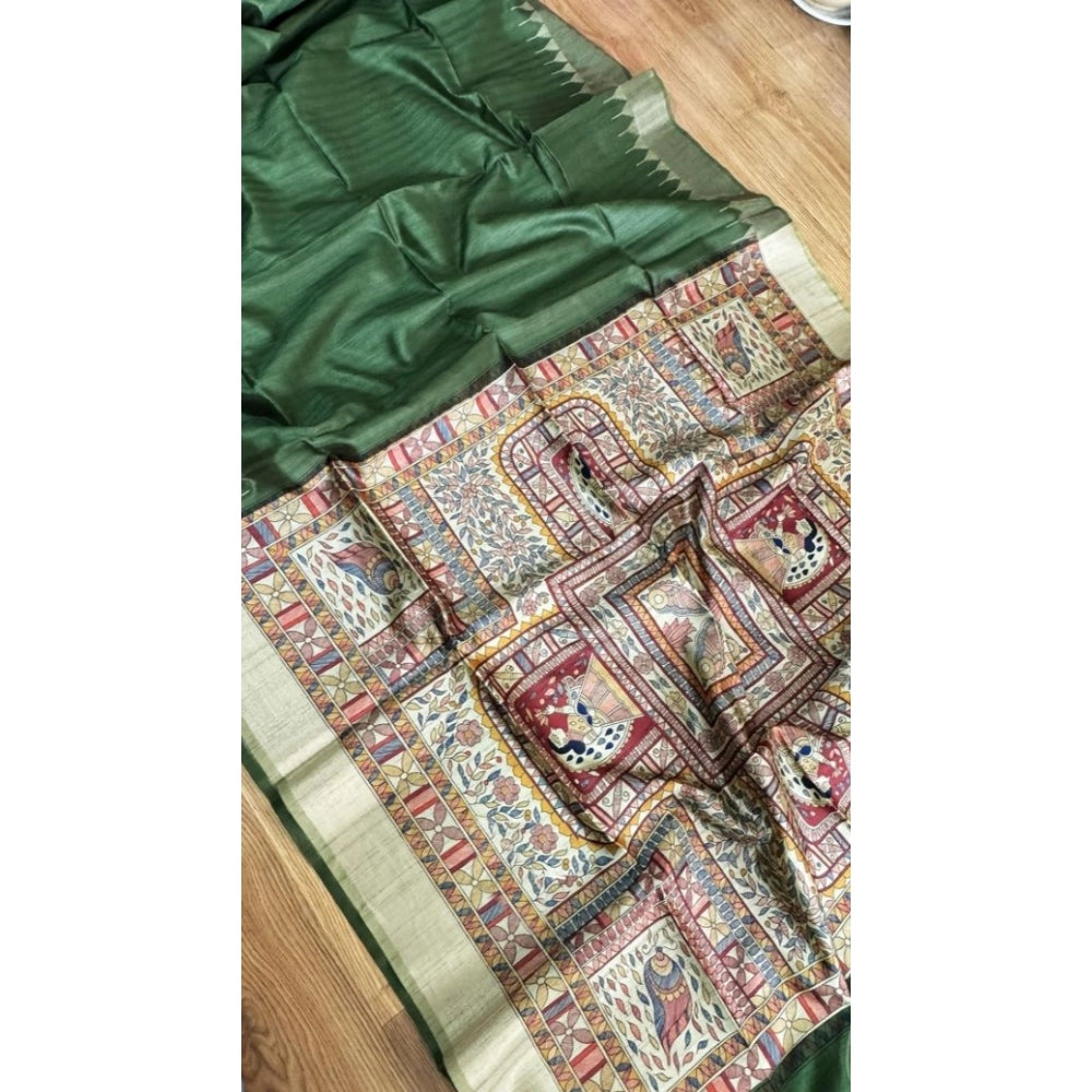 Women's Tussar Silk Madhubani Saree With Unstitched Blouse 5.5Mtr (Green) - VANSHELLE