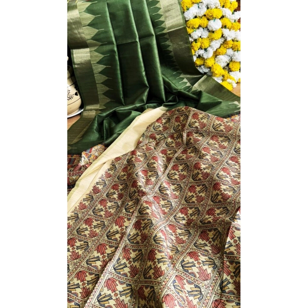 Women's Tussar Silk Madhubani Saree With Unstitched Blouse 5.5Mtr (Green) - VANSHELLE