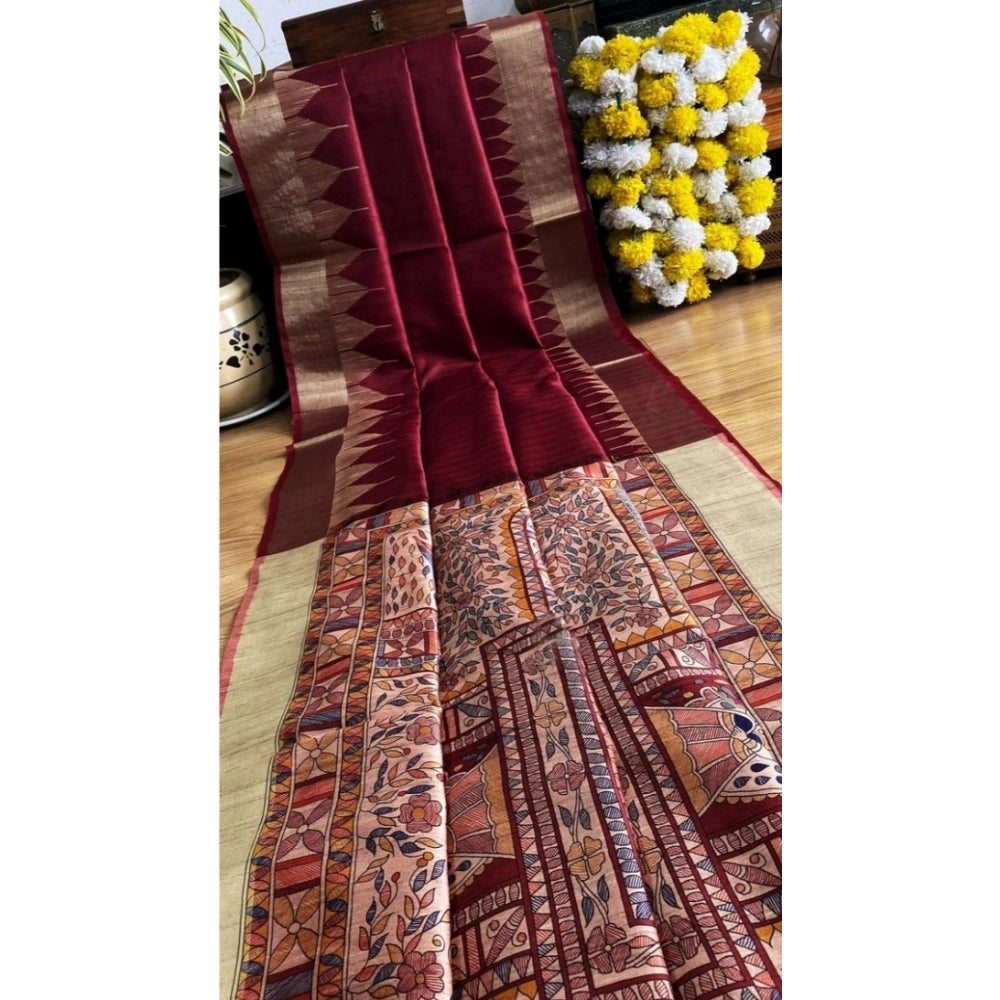 Women's Tussar Silk Madhubani Saree With Unstitched Blouse 5.5Mtr (Maroon) - VANSHELLE