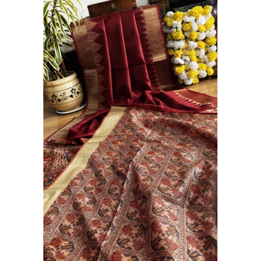 Women's Tussar Silk Madhubani Saree With Unstitched Blouse 5.5Mtr (Maroon) - VANSHELLE