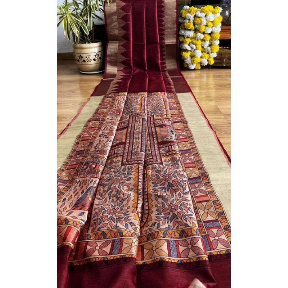 Women's Tussar Silk Madhubani Saree With Unstitched Blouse 5.5Mtr (Maroon) - VANSHELLE