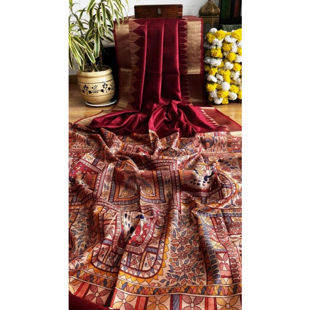 Women's Tussar Silk Madhubani Saree With Unstitched Blouse 5.5Mtr (Maroon) - VANSHELLE