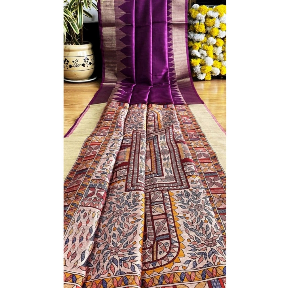 Women's Tussar Silk Madhubani Saree With Unstitched Blouse 5.5Mtr (Purple) - VANSHELLE