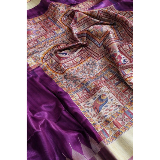 Women's Tussar Silk Madhubani Saree With Unstitched Blouse 5.5Mtr (Purple) by Vanshelle