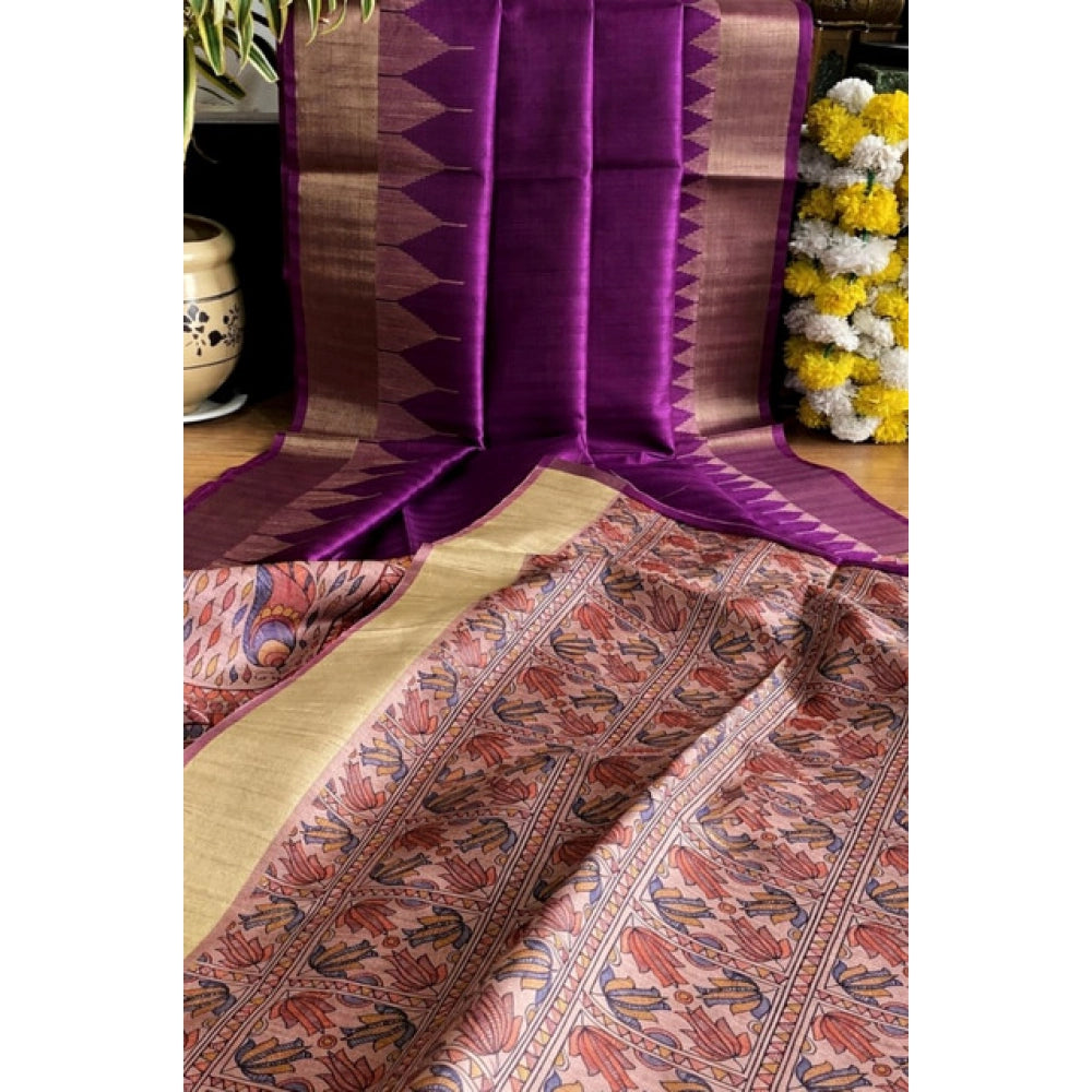 Women's Tussar Silk Madhubani Saree With Unstitched Blouse 5.5Mtr (Purple) - VANSHELLE