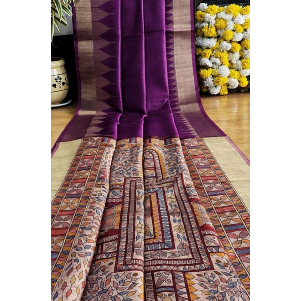 Women's Tussar Silk Madhubani Saree With Unstitched Blouse 5.5Mtr (Purple) - VANSHELLE