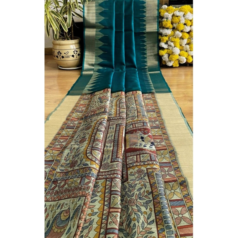 Women's Tussar Silk Madhubani Saree With Unstitched Blouse 5.5Mtr (Rama) - VANSHELLE