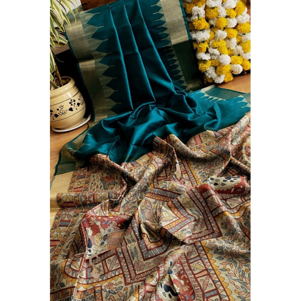 Women's Tussar Silk Madhubani Saree With Unstitched Blouse 5.5Mtr (Rama) - VANSHELLE
