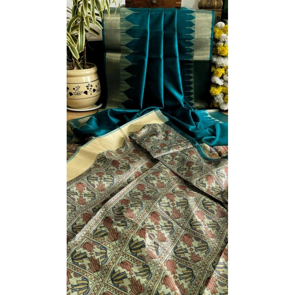 Women's Tussar Silk Madhubani Saree With Unstitched Blouse 5.5Mtr (Rama) - VANSHELLE