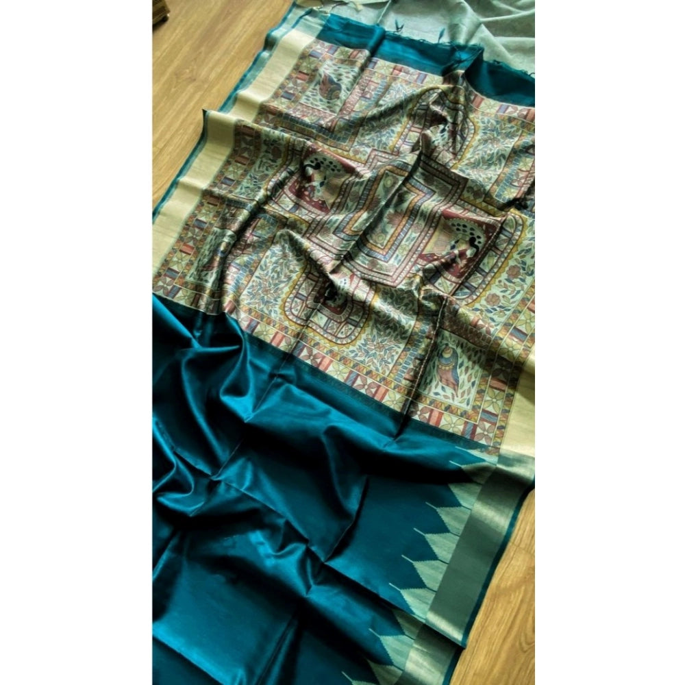 Women's Tussar Silk Madhubani Saree With Unstitched Blouse 5.5Mtr (Rama) - VANSHELLE