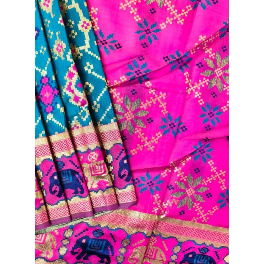 Women's Patola Silk Meena And Zari Woven Saree With Unstitched Blouse 5.5Mtr (Blue) - VANSHELLE