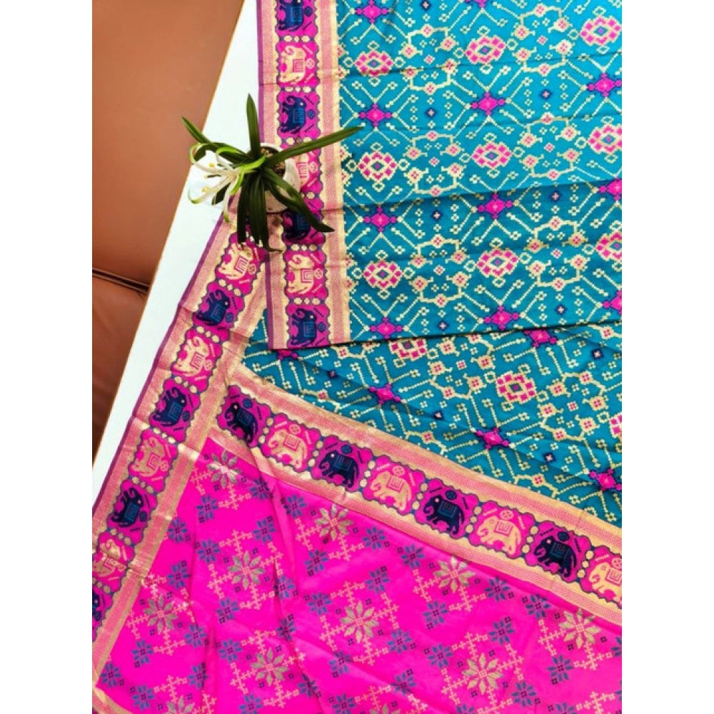 Women's Patola Silk Meena And Zari Woven Saree With Unstitched Blouse 5.5Mtr (Blue) - VANSHELLE