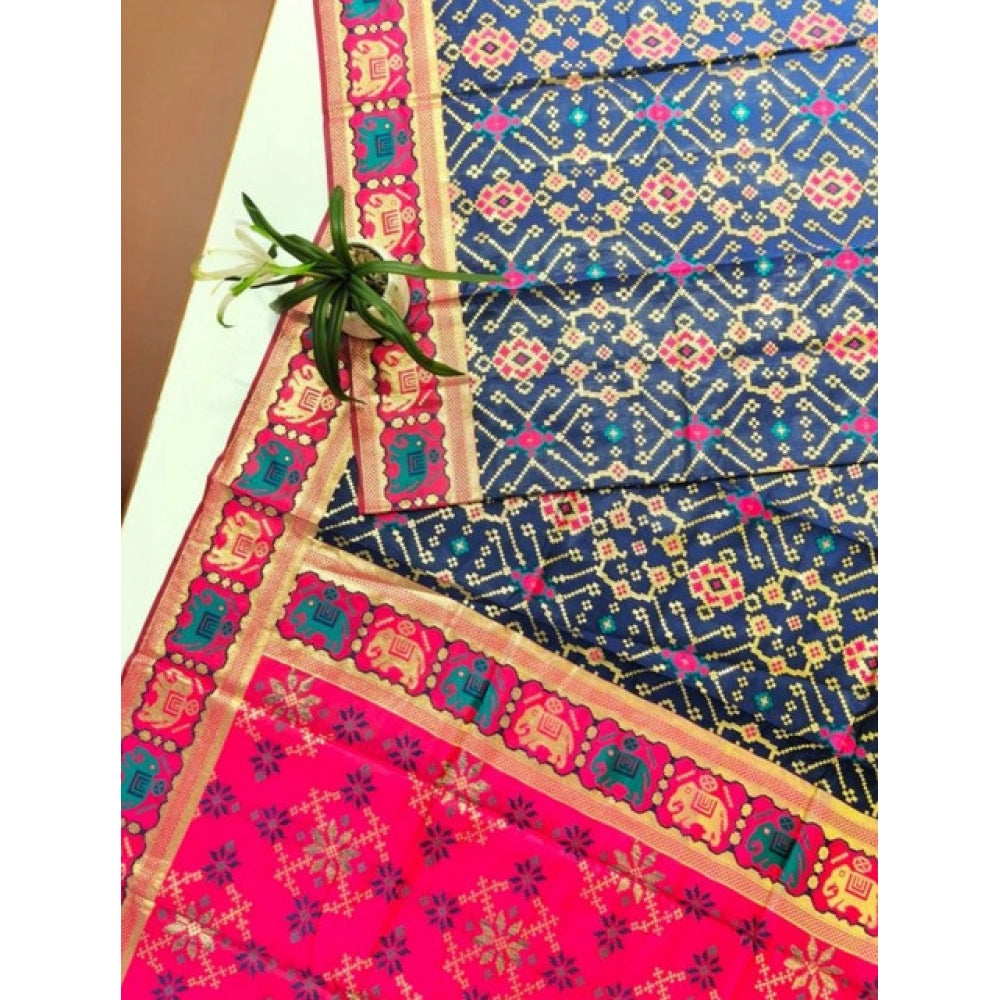Women's Patola Silk Meena And Zari Woven Saree With Unstitched Blouse 5.5Mtr (Navy) - VANSHELLE