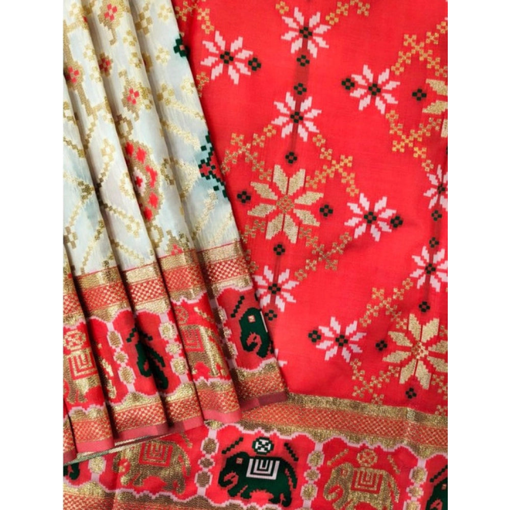 Women's Patola Silk Meena And Zari Woven Saree With Unstitched Blouse 5.5Mtr (White) - VANSHELLE