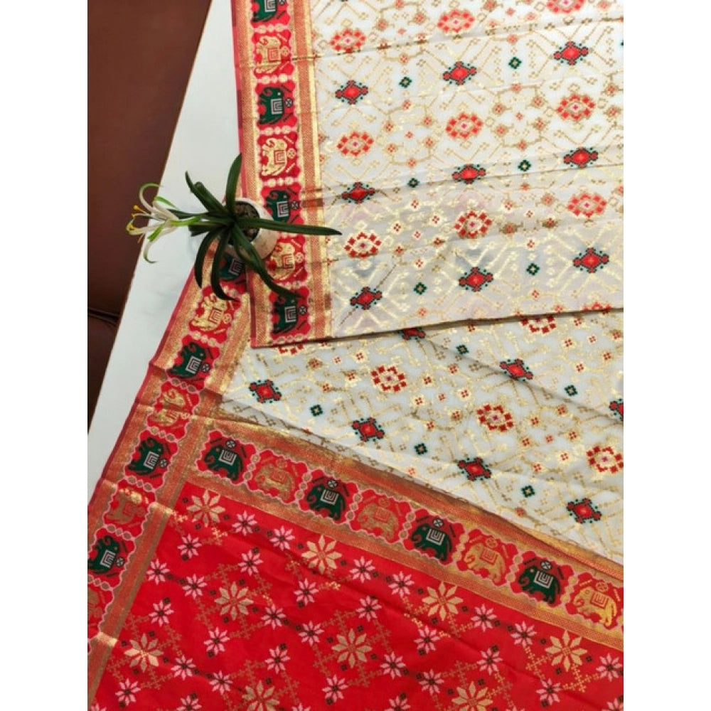 Women's Patola Silk Meena And Zari Woven Saree With Unstitched Blouse 5.5Mtr (White) - VANSHELLE