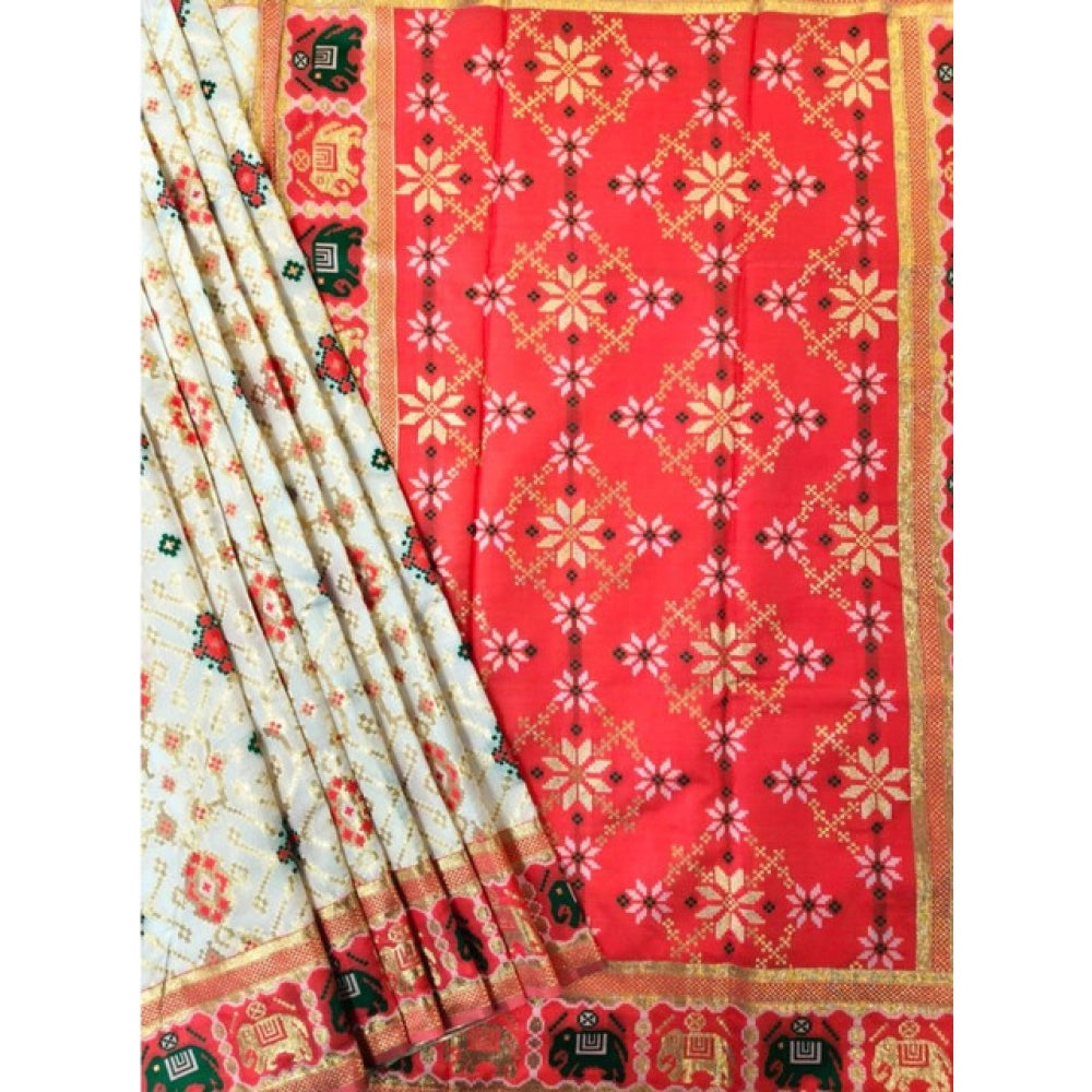 Women's Patola Silk Meena And Zari Woven Saree With Unstitched Blouse 5.5Mtr (White) - VANSHELLE