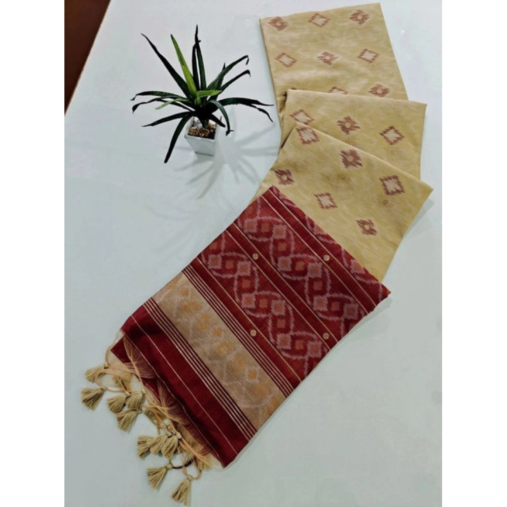 Women's Raw Silk Ikkat Saree With Unstitched Blouse 5.5Mtr (Beige) - VANSHELLE