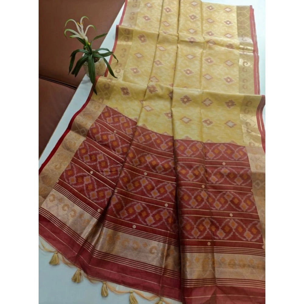 Women's Raw Silk Ikkat Saree With Unstitched Blouse 5.5Mtr (Beige) - VANSHELLE
