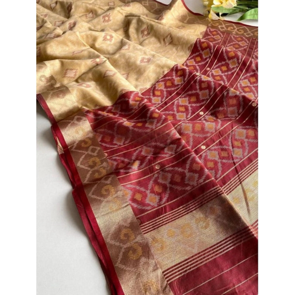 Women's Raw Silk Ikkat Saree With Unstitched Blouse 5.5Mtr (Beige) - VANSHELLE