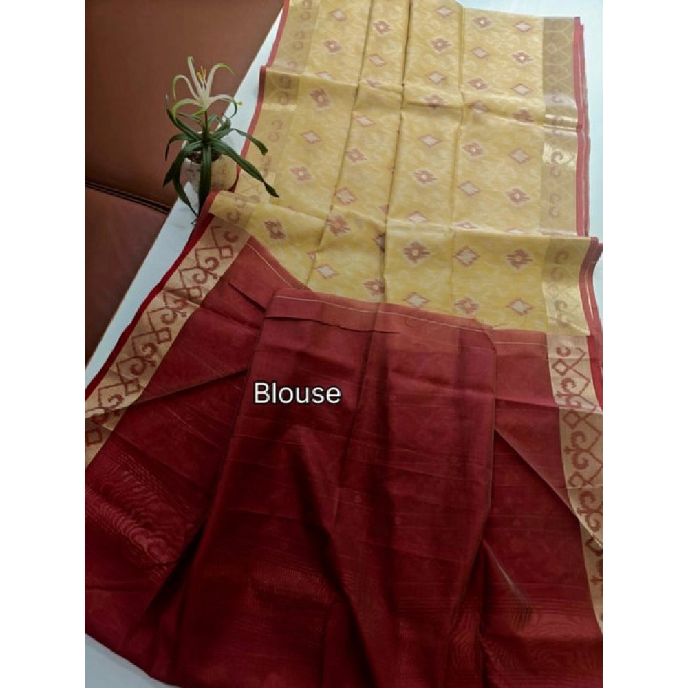 Women's Raw Silk Ikkat Saree With Unstitched Blouse 5.5Mtr (Beige) - VANSHELLE
