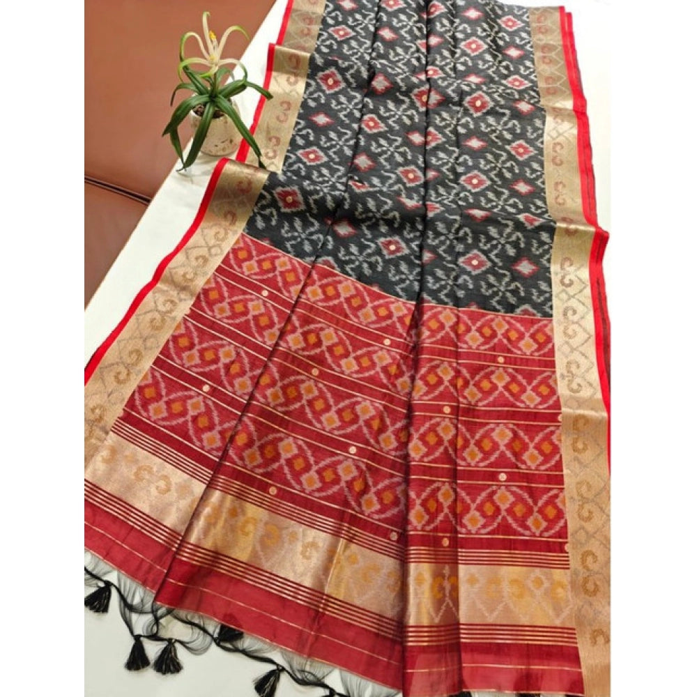 Women's Raw Silk Ikkat Saree With Unstitched Blouse 5.5Mtr (Black) - VANSHELLE