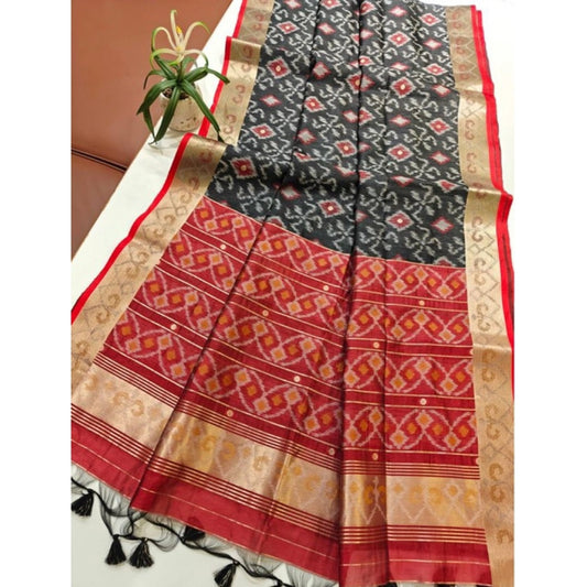 Women's Raw Silk Ikkat Saree With Unstitched Blouse 5.5Mtr (Black) - VANSHELLE