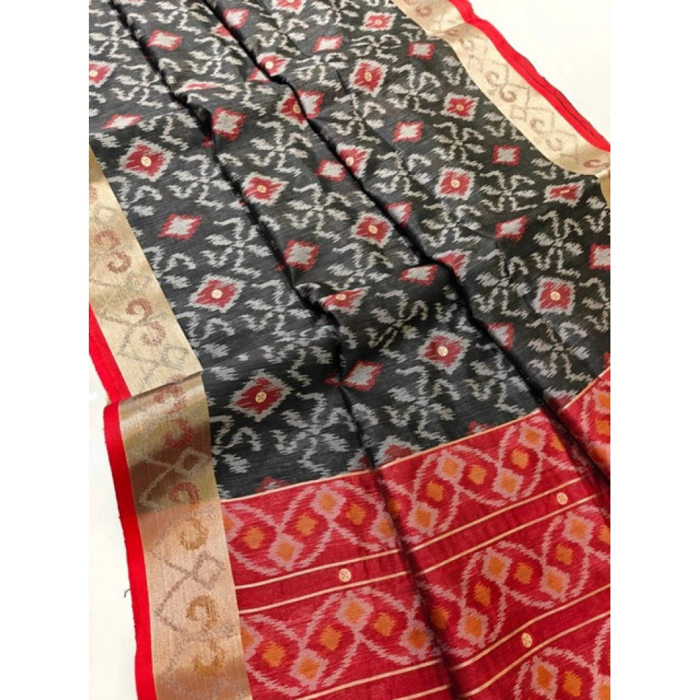 Women's Raw Silk Ikkat Saree With Unstitched Blouse 5.5Mtr (Black) - VANSHELLE