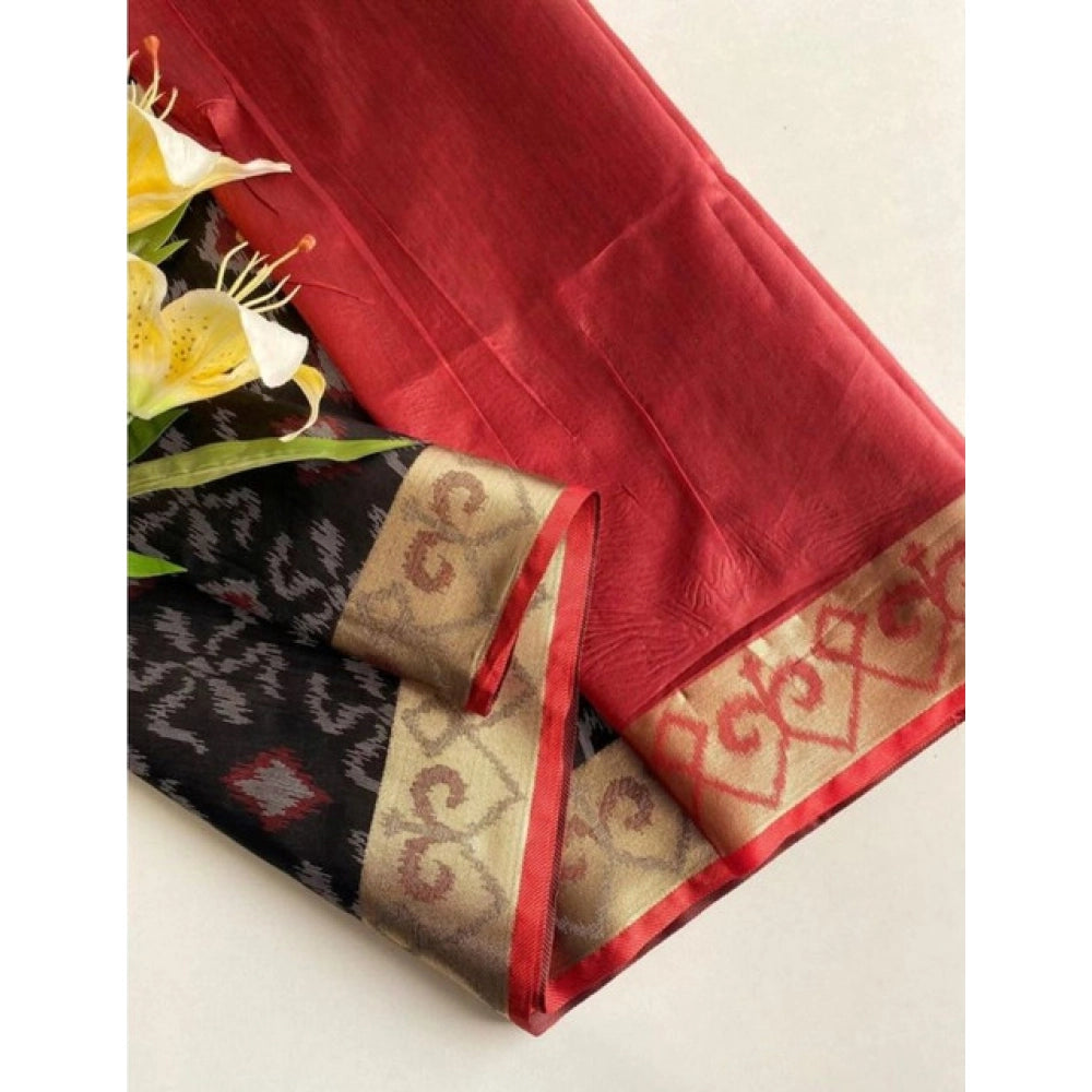 Women's Raw Silk Ikkat Saree With Unstitched Blouse 5.5Mtr (Black) - VANSHELLE