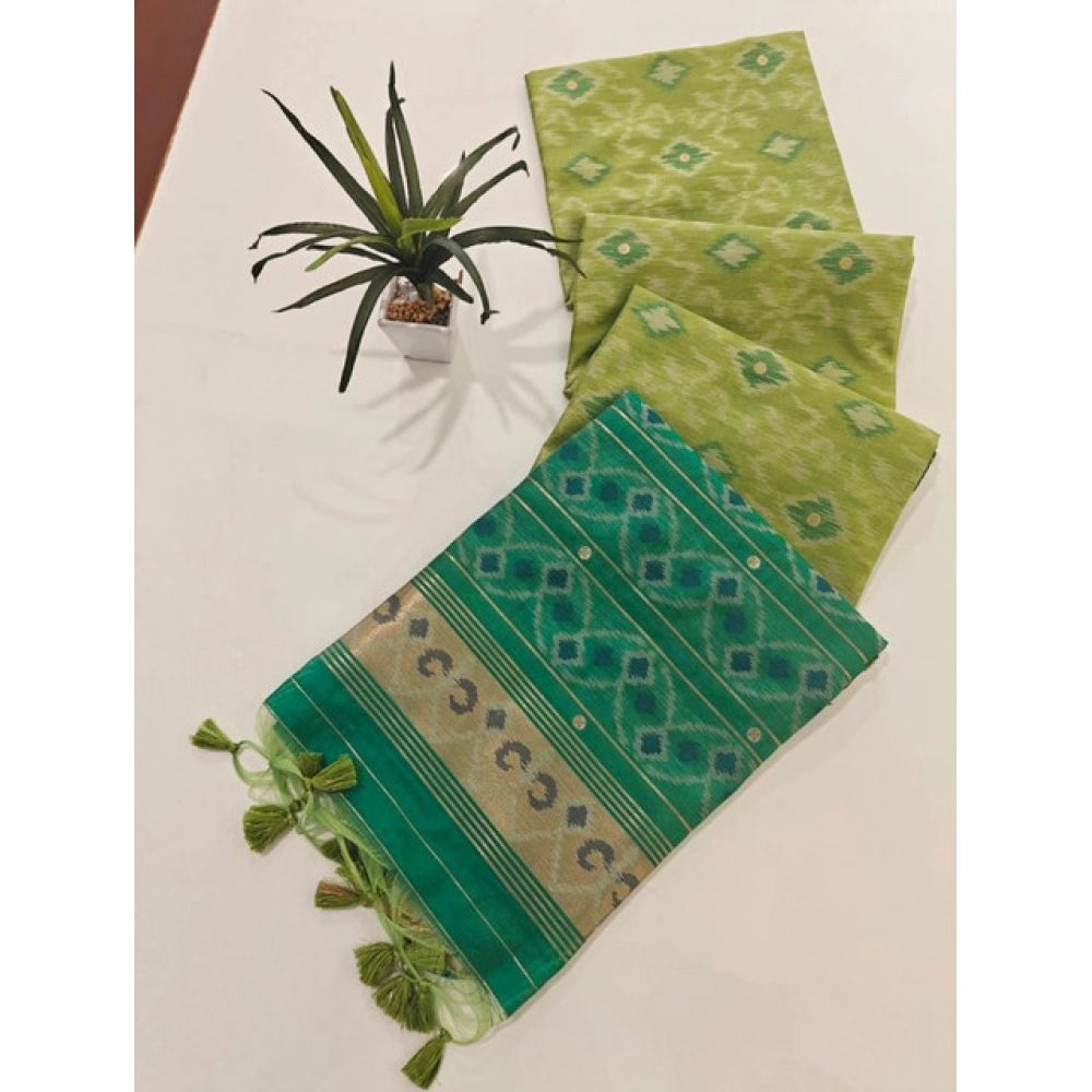 Women's Raw Silk Ikkat Saree With Unstitched Blouse 5.5Mtr (Green) - VANSHELLE